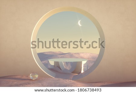 Abstract winter scene with geometrical forms, arch with a podium in natural light. minimal background. surreal background. 3D render.