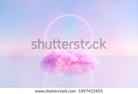 Natural beauty podium backdrop for product display with dreamy cloud and neon light background. Romantic 3d seascape scene.