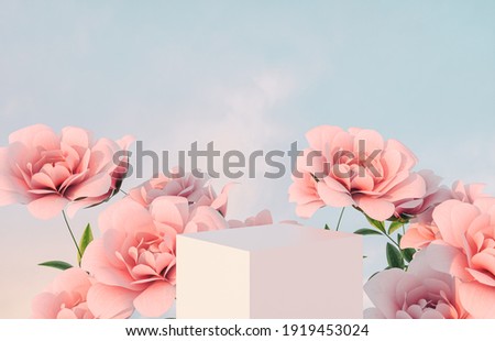 Natural beauty podium backdrop for product display with pink rose flower. 3d render.
