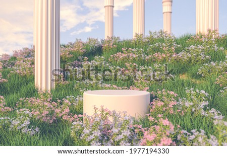Natural beauty podium backdrop with spring flower field scene. 3d rendering. 