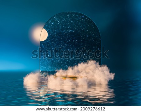 Natural beauty podium backdrop for product display with dreamy cloud and arch frame. 3d seascape Night scene.