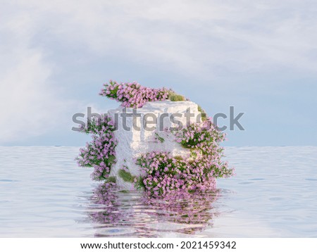 Natural beauty podium backdrop for product display with stone and wild flower on the water. 3d seascape background.