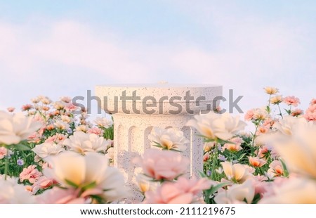 Natural beauty podium backdrop with spring rose flower field scene. 3d rendering.  商業照片 © 