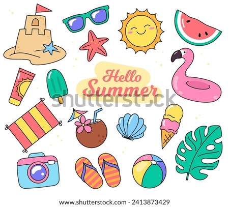 Summer, vacation, holiday, beach objects and accessories. Set of vector cartoon drawings, illustrations