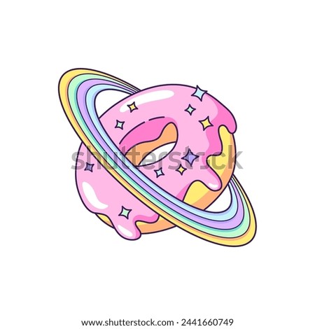 Space donut, doughnut planet with rainbow rings. Cute cartoon drawing, vector illustration