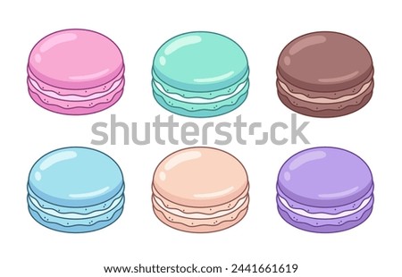 Macarons, set of vector cartoon drawings, illustrations. Hand drawn dessert of various colors