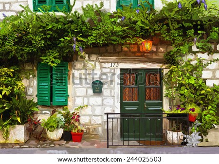 drawing by hand on the computer for painting. welcoming facade. a small structure in Montenegro. a lot of flowers in pots