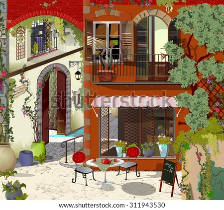 the picture painted in oil Parisian cafe. The facade of a Parisian cafe. Cozy food court. Street cafe for breakfasts, Lunches and dinners. Wallpaper for walls.