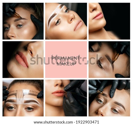 Permanent makeup collage: closeup photos of woman with eyebrow and lip permanent