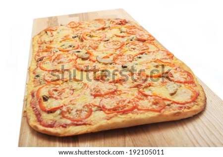 pizza with mushrooms and tomatoes on white background