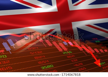 3D rendering of UK economic downturn with stock exchange market showing stock chart down and in red negative territory. Business and financial money market crisis concept. 商業照片 © 