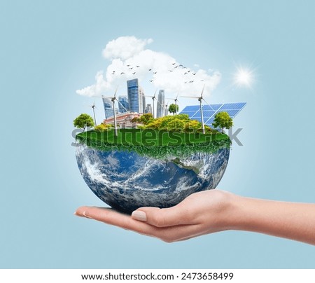 Similar – Image, Stock Photo environment Earth Day In the hands of trees growing seedlings. Bokeh green Background Female hand holding tree on nature field grass Forest conservation concept