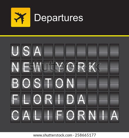 USA flip alphabet airport departures, USA, New York, Boston, Florida, California