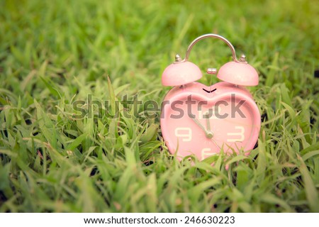 Pink heart shape alarm clock on fresh green grass in garden.