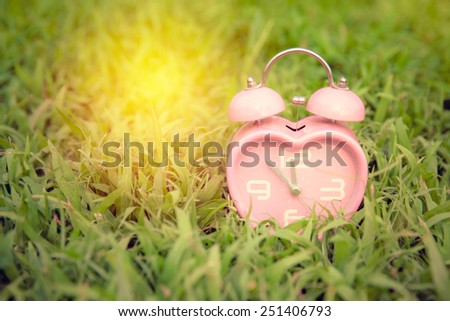 Valentine day background. Heart shape alarm clock on green grass.
