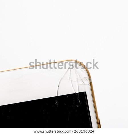 Close up broken Modern smart mobile phone  on white background.