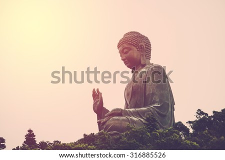 Tian Tan Buddha - The worlds\'s tallest bronze Buddha in Lantau Island, Hong Kong. Vintage filter.