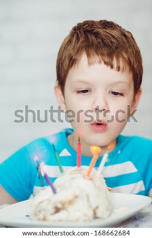 Close-up portrait of a little boy blows out the candles on the cake. Vertical image on a light background.