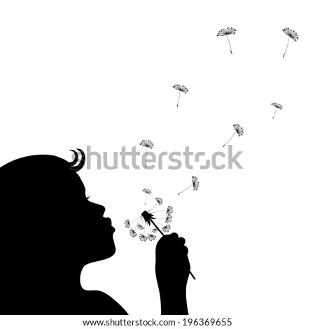 Silhouette Of A Little Girl Blowing Dandelion Isolated In White. Vector ...