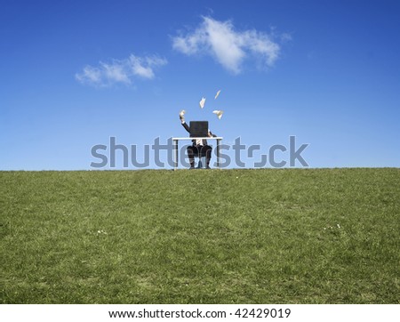 Scenic view of frustrated businessman working at desk in field, throwing papers.
