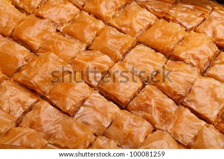 Closeup of fresh baklava cut. Baklava is a traditional sweet made in Turkey and other Middle East countries.