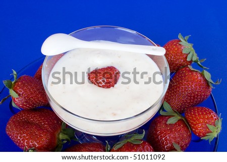 Food & Drinks - Desserts. Bowl of yogurt with strawberries.