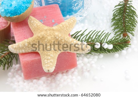 Body care products/Winter spa concept  - starfish and grapes soap inside a Christmas setting.