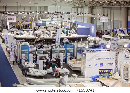 ROME, ITALY-FEBRUARY 19: Big Blue Rome Sea Expo-Boat Show-In this picture an overview on some important stands from the Hall Of Dinghies exposing luxury dinghies-February 19, 2011 in Rome.