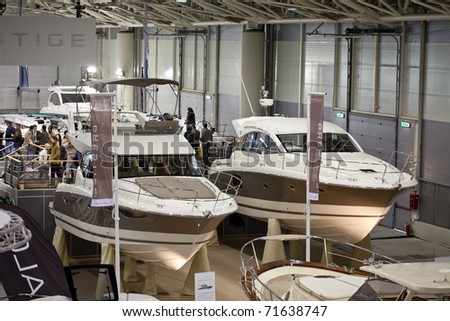 ROME, ITALY - FEBRUARY 19: Big Blue Rome Sea Expo - Boat Show - Two boats from the French producer Jeanneau : the new Prestige Flybridge 400 and the new Sportop 440 S -  February 19, 2011 in Rome.