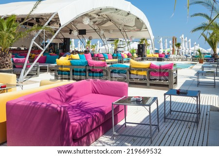 MAMAIA, ROMANIA - AUGUST 27, 2014: Tan Tan Beach Club is one of the nicest beach clubs in Mamaia resort on the Black Sea Coast, with nice music and refreshing atmosphere.