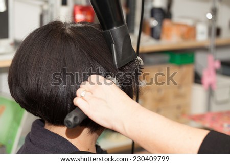Hair straightening by a hairdresser in a professional salon, closeup shot.