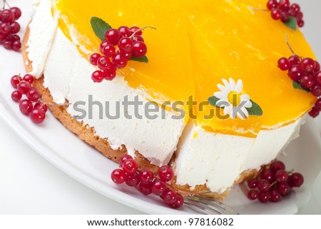 American Cuisine - Closeup of condensed milk cake decorated with apples jelly, mint leaves, daisy and redcurrants.