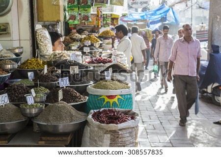 DELHI INDIA - JUL 15 :  herb and spice shop in spice market at old delhi. this market is famous and biggest spice market in delhi on july, 15, 2015, india