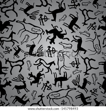 Cave art seamless pattern made of ancient wild animals, horses and hunters