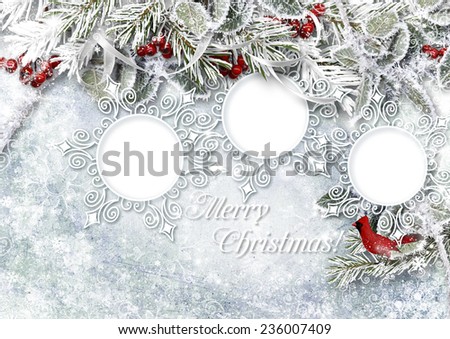 Christmas ice background with frame, holly and with frost