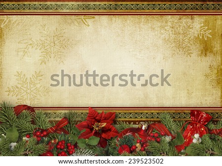 Vintage Christmas background with holly,firtree,poinsettia