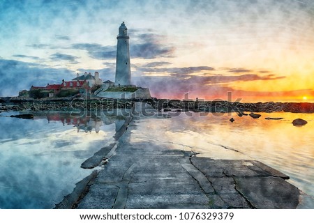 Watercolour painting of  sunrise over the lighthouse on St Mary's Island at Whitley Bay on the Northumberland coast
