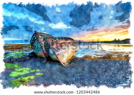 Watercolour painting of a stormy sunrise over abandoned fishing boats at Salen on the Isle of Mull in Scotland