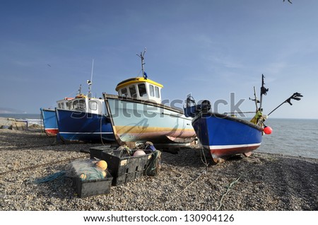 Fishing boats on the beach at Beer on Devon\'s Jurassic Coast.