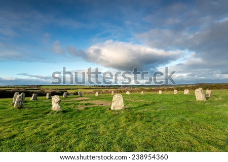 The Merry Maidens a neolithic stone circle neat St Buryan in the far west of Cornwall - also known as the Dawn's Men.