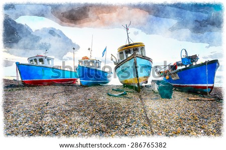 Fishing boats on a shingle beach at Beer in Devon