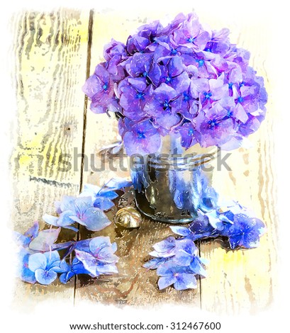Watercolour painting of a bucket of hydrangea blossoms