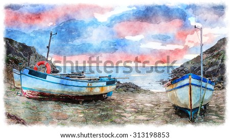 Watercolor painting of fishing boats at Penberth Cove in Cornwall