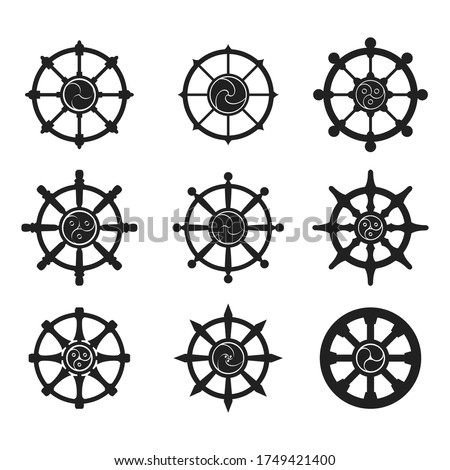 vector monochrome set with Indian religion symbol Dharmachakra