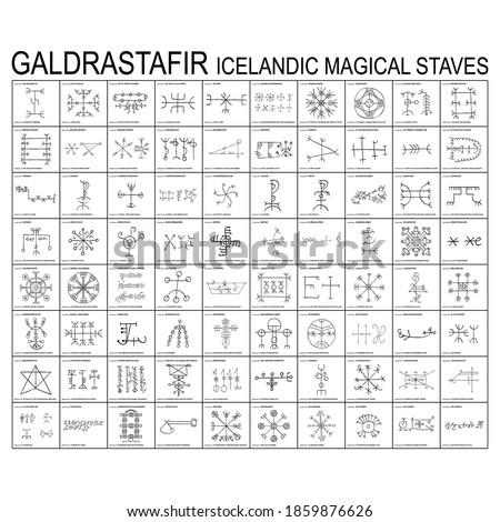 Vector icon set with Galdrastafir Icelandic Magical Staves with their meanings