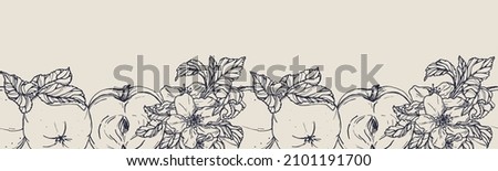 Vector horizontal seamless border with hand darwn apples and apple blossom. Eps 10 fruits backdrop.  Line-art botanical illustration
