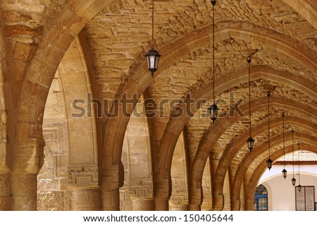 Walkway under arcs (portico, stoa) of Gothic style at Church of Saint Lazarus, Larnaca, Cyprus