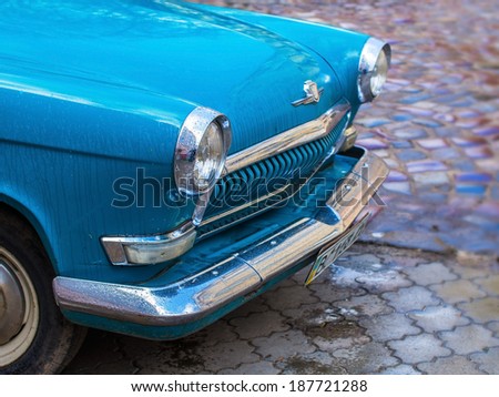 LVIV, UKRAINE - APR 15: Vintage restored and tuned cyan blue GAZ-M-21 \