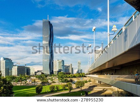 Vienna, Austria - September 21, 2014: View of Danube City Vienna with DC-Tower (Donau City Tower 1) from the bridge over Danube river.