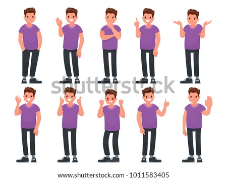 Set of male character with different gestures and emotions. Vector illustration in a flat style